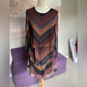Desigual ruffled flared frieze pattern dress‎ size M  browns, blues, black